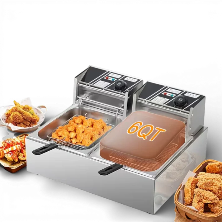 Friteuză electrică 12L din inox, 5000W, termostat reglabil 60–200°C, cuve duble independente