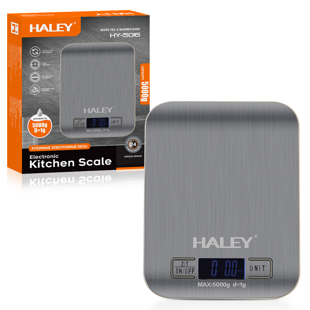 Cantar de bucatarie digital HALEY HY-5016, capacitate 5kg, afisaj LCD, tava inclusa, inox, Garantie 3 Ani