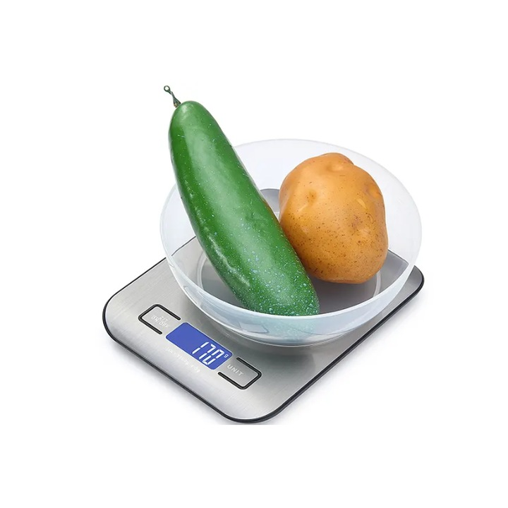 Cantar de bucatarie digital HALEY HY-5016, capacitate 5kg, afisaj LCD, tava inclusa, inox, Garantie 3 Ani