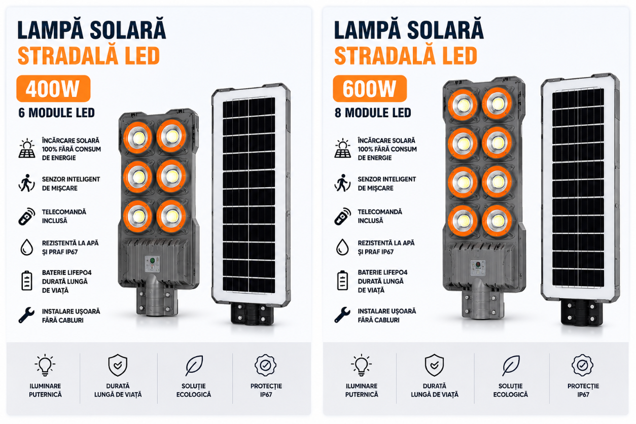Lampă Solară Stradală LED Exterior 400W / 600W, Senzor de Mișcare, Telecomandă, IP67, Panou Solar, Iluminare Automată pentru Curte, Grădină și Alei
