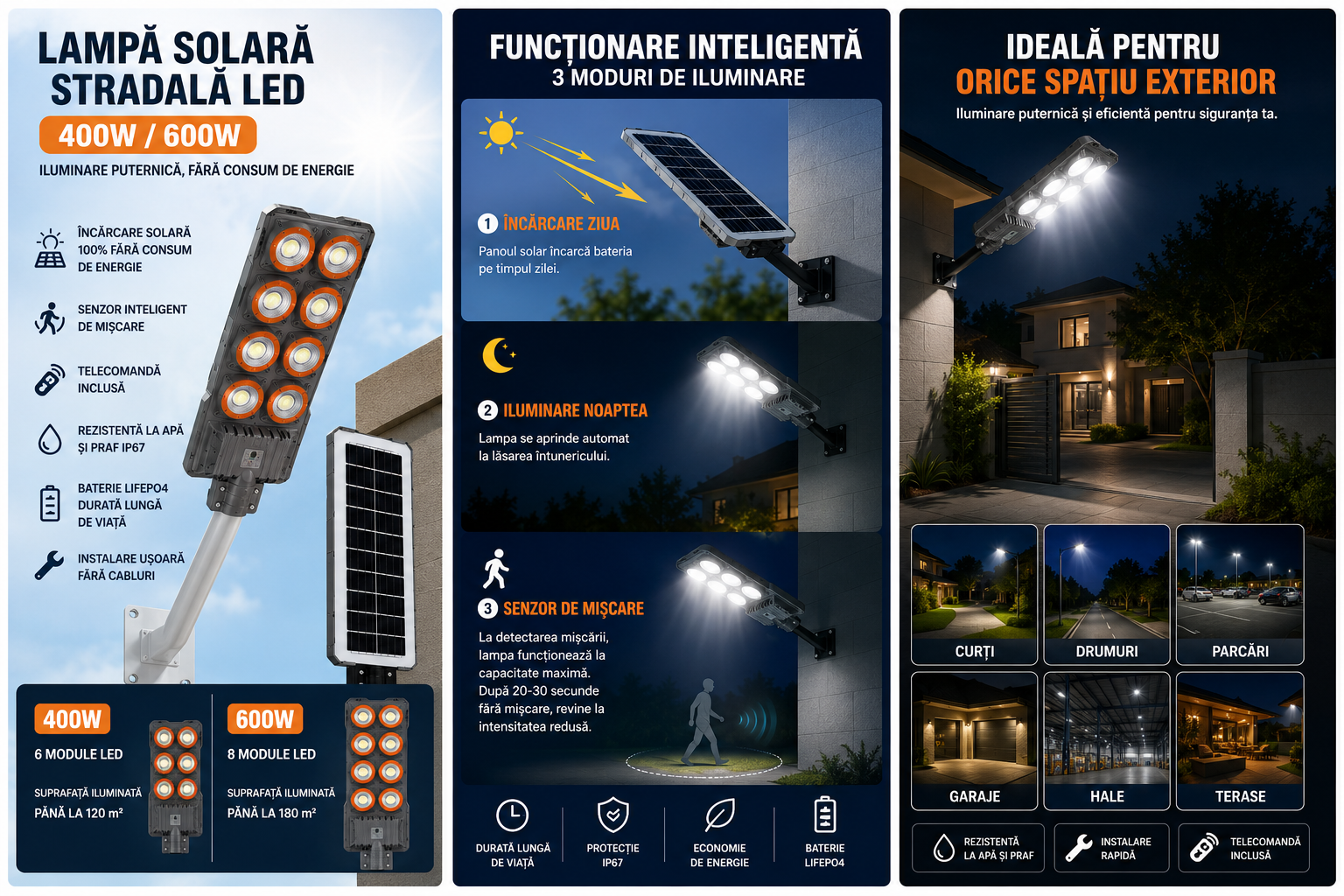 Lampă Solară Stradală LED Exterior 400W / 600W, Senzor de Mișcare, Telecomandă, IP67, Panou Solar, Iluminare Automată pentru Curte, Grădină și Alei