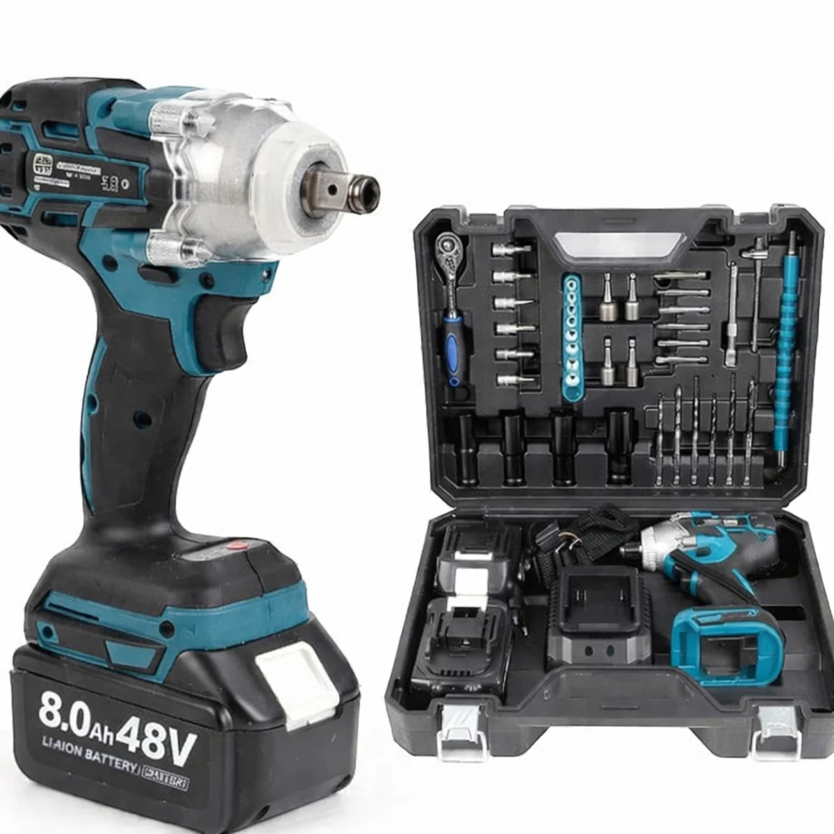 Cheie de impact 550Nm, masina de insurubat cu 2 acumulatori 48V Li-Ion, 43 accesorii, valiza transport