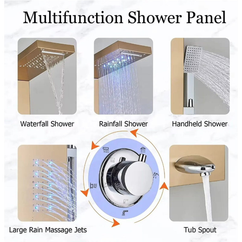 Panel de duș cu iluminare LED, 5 funcții, ploaie tropicală, cascadă, duș de mână, oțel inoxidabil, auriu mat