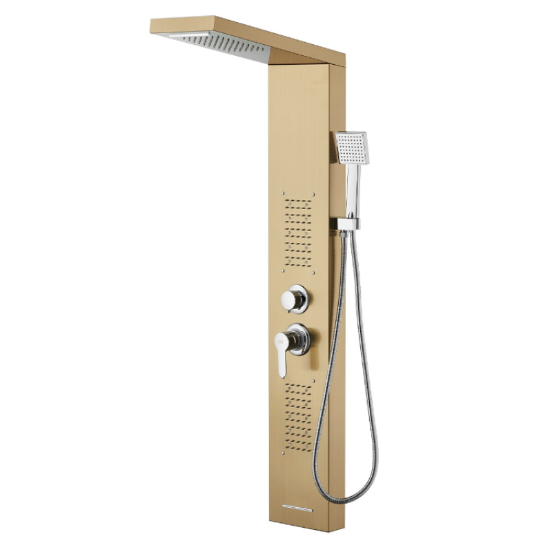 Panel de duș cu iluminare LED, 5 funcții, ploaie tropicală, cascadă, duș de mână, oțel inoxidabil, auriu mat