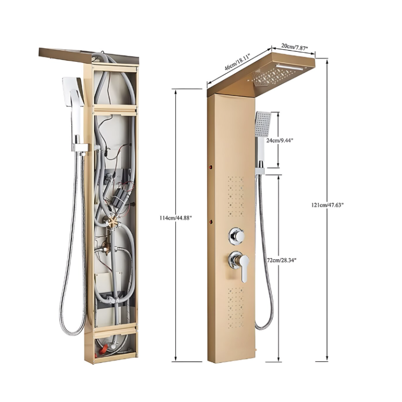 Panel de duș cu iluminare LED, 5 funcții, ploaie tropicală, cascadă, duș de mână, oțel inoxidabil, auriu mat
