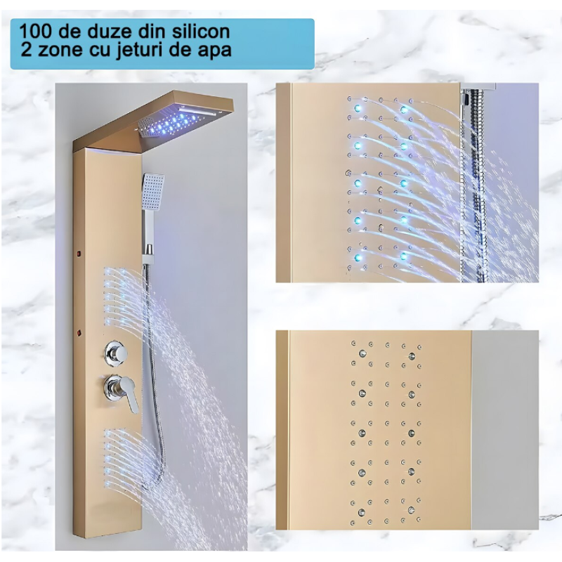 Panel de duș cu iluminare LED, 5 funcții, ploaie tropicală, cascadă, duș de mână, oțel inoxidabil, auriu mat