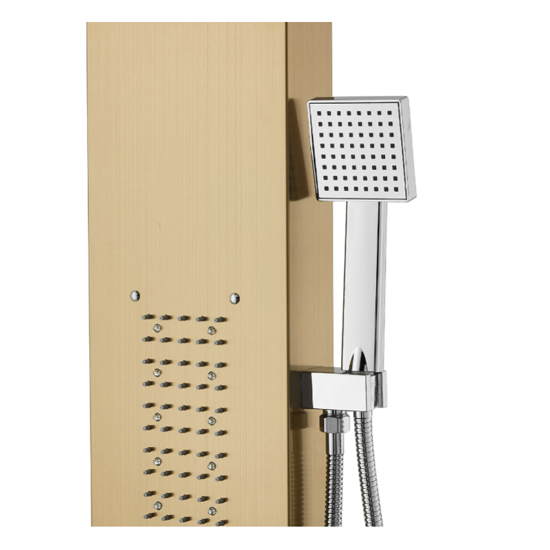 Panel de duș cu iluminare LED, 5 funcții, ploaie tropicală, cascadă, duș de mână, oțel inoxidabil, auriu mat
