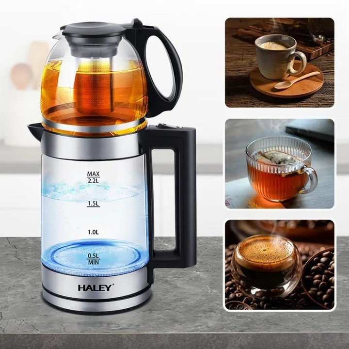 Fierbator electric HALEY HY-8924, 2000W, capacitate 2.2L, inox 304, afisaj digital, oprire automata, baza 360°, Garantie 3 Ani