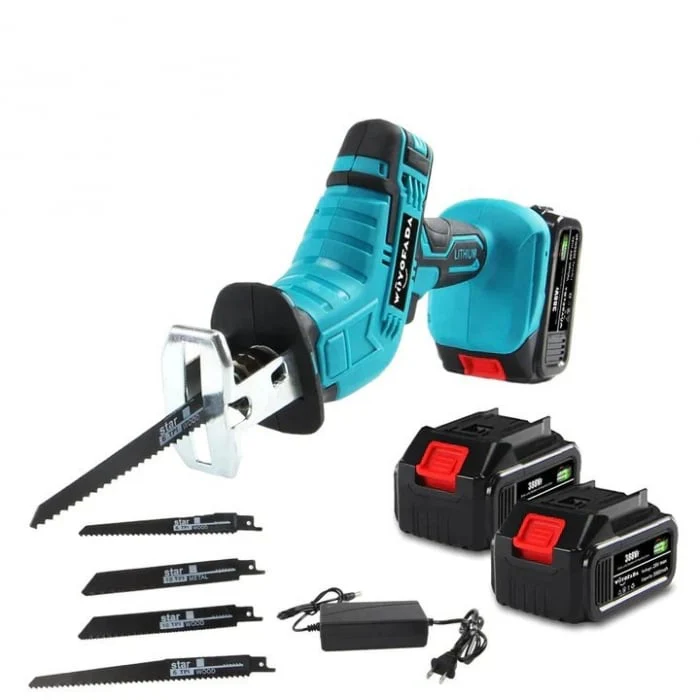 Mini Fierăstrău Electric Tip Sabie 48V, 2 Acumulatori 8000 mAh, 4 Lame, Viteză Variabilă, Valiză Transport