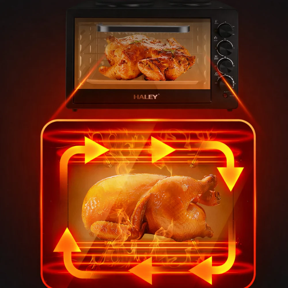 Cuptor Electric HALEY HY-5126, Garanție 3 Ani, 48L, 2000W, Plită Dublă Integrată, Timer, Temperatură Reglabilă, Design Compact