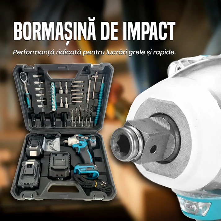 Cheie de impact 550Nm, masina de insurubat cu 2 acumulatori 48V Li-Ion, 43 accesorii, valiza transport