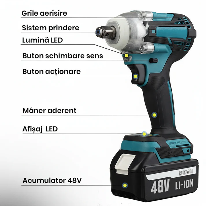 Cheie de impact 550Nm, masina de insurubat cu 2 acumulatori 48V Li-Ion, 43 accesorii, valiza transport