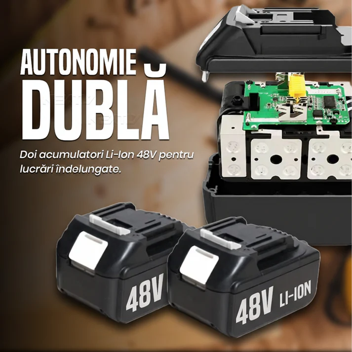 Cheie de impact 550Nm, masina de insurubat cu 2 acumulatori 48V Li-Ion, 43 accesorii, valiza transport