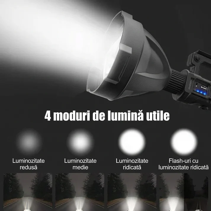 Lanterna LED reincarcabila cu functie Powerbank, 4 moduri iluminare, incarcare USB, trepied inclus