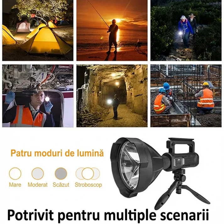 Lanterna LED reincarcabila cu functie Powerbank, 4 moduri iluminare, incarcare USB, trepied inclus