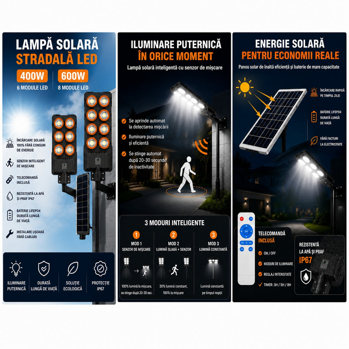Lampă Solară Stradală LED Exterior 400W / 600W, Senzor de Mișcare, Telecomandă, IP67, Panou Solar, Iluminare Automată pentru Curte, Grădină și Alei