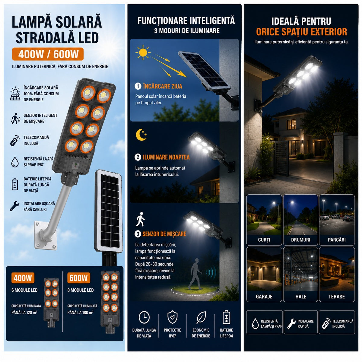 Lampă Solară Stradală LED Exterior 400W / 600W, Senzor de Mișcare, Telecomandă, IP67, Panou Solar, Iluminare Automată pentru Curte, Grădină și Alei