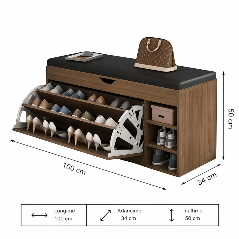 Pantofar Tip Banchetă cu Spațiu de Depozitare, 100 × 30 × 51 cm | 3 Rafturi | Șezut Tapițat | Alb, Maro sau Gri