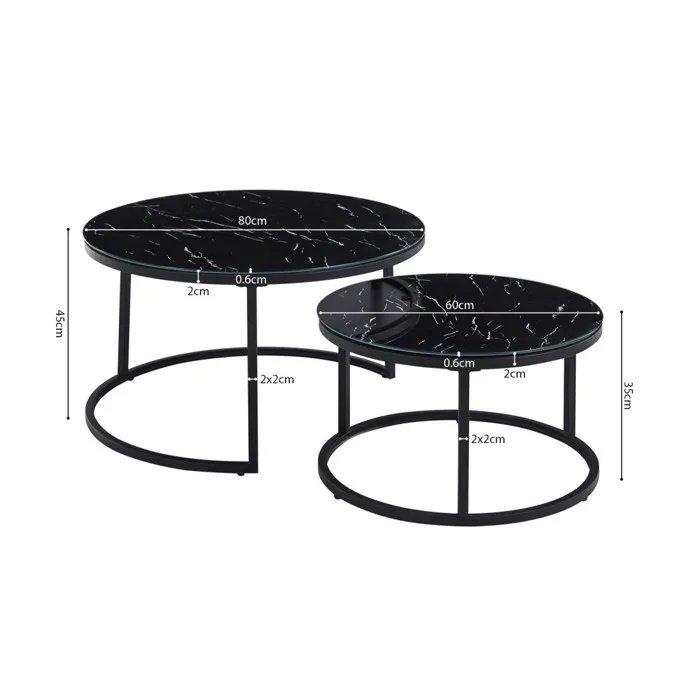 Măsuță de Cafea 2 în 1 Manhattan, Set 2 Mese Gigogne, Efect Marmură Neagră, Cadru Metalic, Design Modern, 53×43 cm