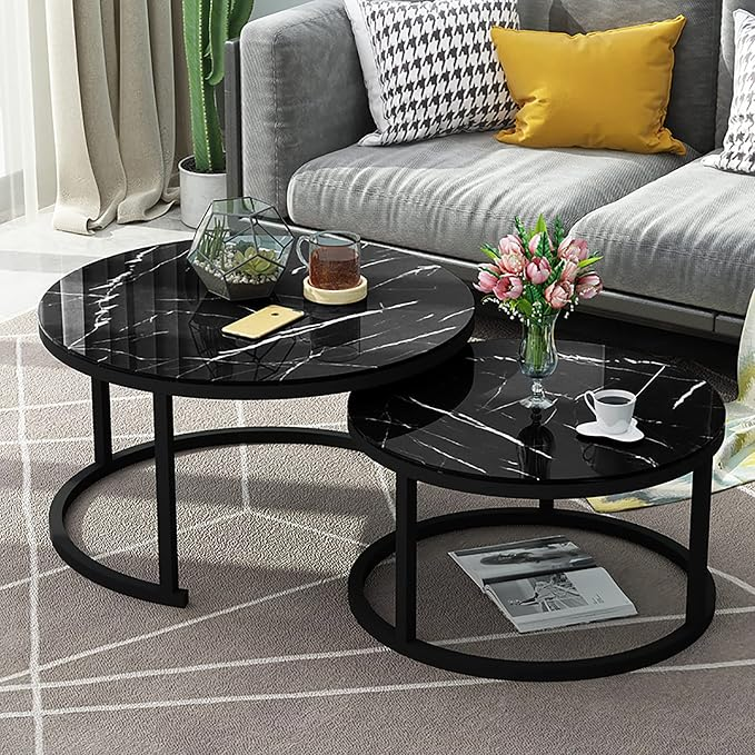Măsuță de Cafea 2 în 1 Manhattan, Set 2 Mese Gigogne, Efect Marmură Neagră, Cadru Metalic, Design Modern, 53×43 cm