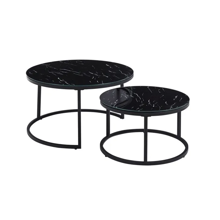 Măsuță de Cafea 2 în 1 Manhattan, Set 2 Mese Gigogne, Efect Marmură Neagră, Cadru Metalic, Design Modern, 53×43 cm