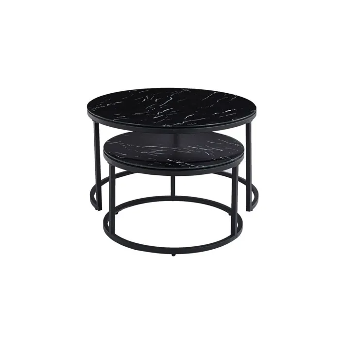 Măsuță de Cafea 2 în 1 Manhattan, Set 2 Mese Gigogne, Efect Marmură Neagră, Cadru Metalic, Design Modern, 53×43 cm