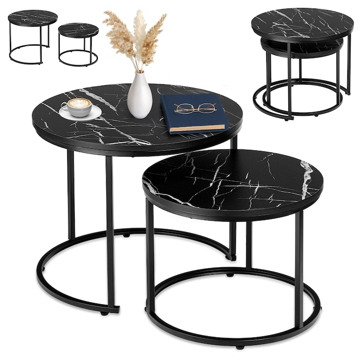 Măsuță de Cafea 2 în 1 Manhattan, Set 2 Mese Gigogne, Efect Marmură Neagră, Cadru Metalic, Design Modern, 53×43 cm