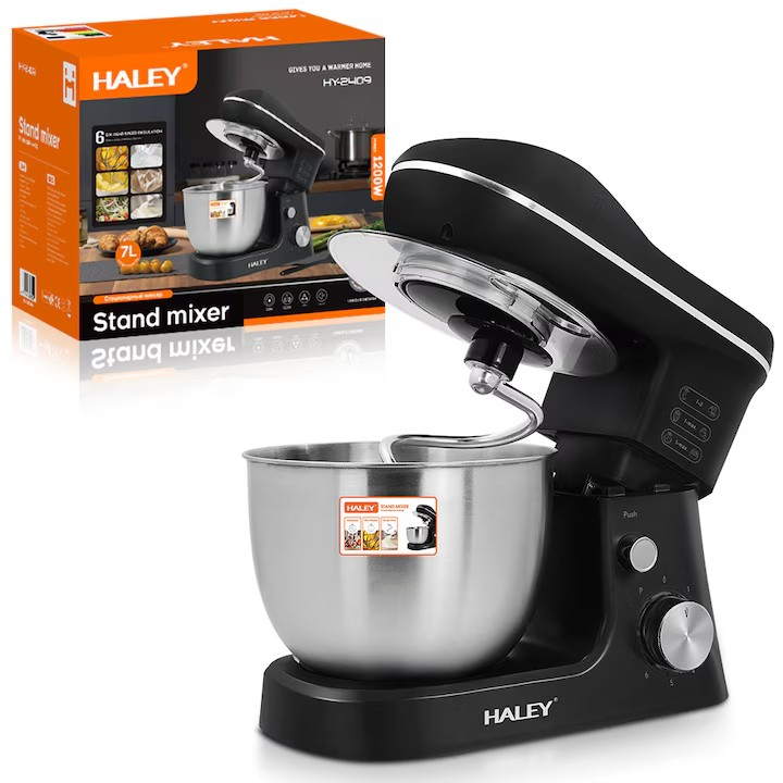 Mixer planetar HALEY HY-2409, 1200W, bol inox 7L, 6 viteze + Pulse, multifunctional, negru/inox, Garantie 3 Ani