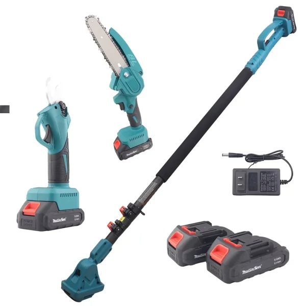 Set Foarfecă Electrică de Grădină + Mini Drujbă 6 Inch cu Braț Telescopic 2.13 m | 2 Acumulatori | Unghi Reglabil | Kit Profesional pentru Tăiere și Toaletare