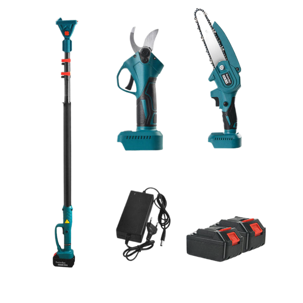 Set Foarfecă Electrică de Grădină + Mini Drujbă 6 Inch cu Braț Telescopic 2.13 m | 2 Acumulatori | Unghi Reglabil | Kit Profesional pentru Tăiere și Toaletare