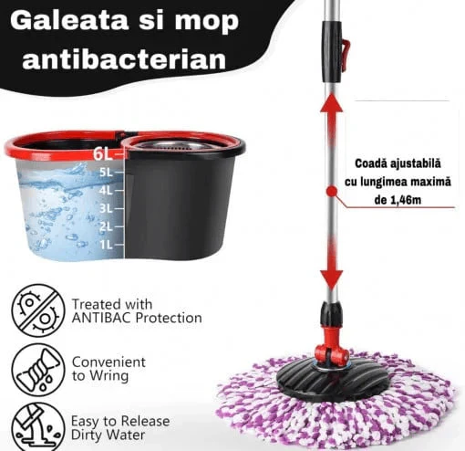 Set mop rotativ 360° cu galeata din inox, storcator automat si 4 rezerve microfibra, Garantie 3 Ani