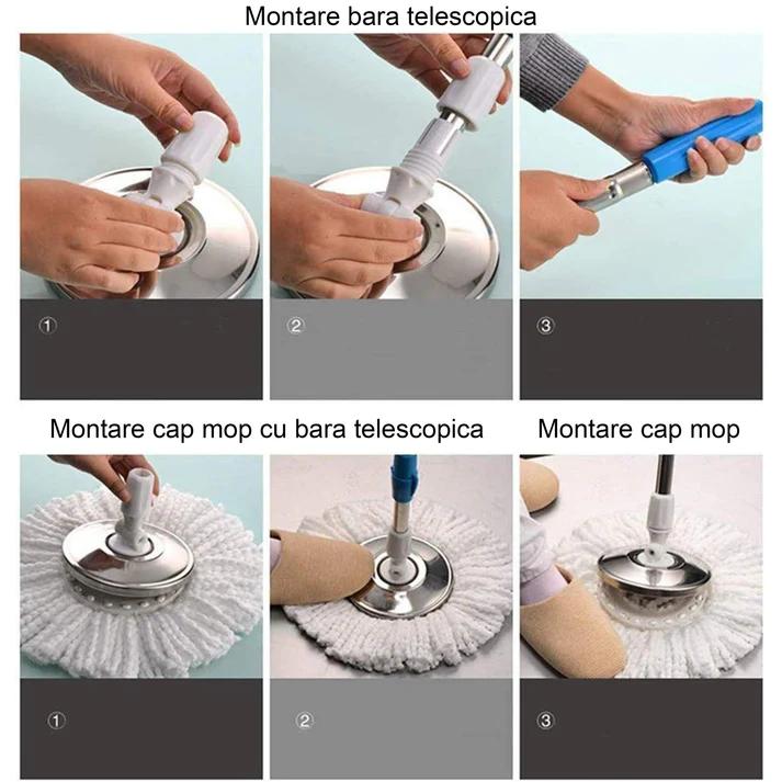 Set mop rotativ 360° cu galeata din inox, storcator automat si 4 rezerve microfibra, Garantie 3 Ani