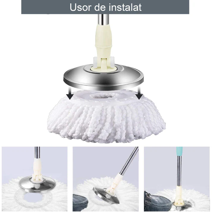 Set mop rotativ 360° cu galeata din inox, storcator automat si 4 rezerve microfibra, Garantie 3 Ani