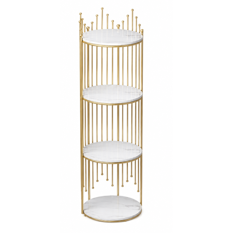 Etajeră Decorativă Rotundă cu 4 Niveluri, Cadru Metalic Auriu și 4 Polițe Albe, 32 x 32 x 95 cm, Bibliotecă Modernă pentru Living, Dormitor, Birou și Plante Decorative