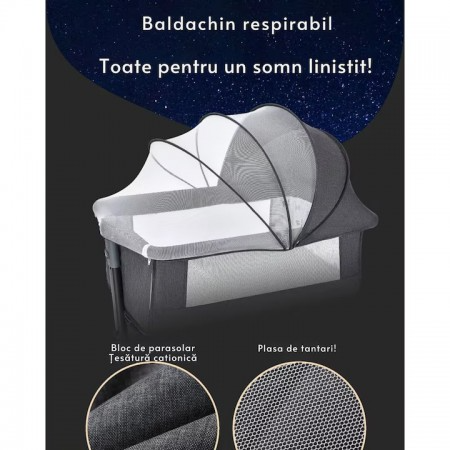 Patut pliabil bebelusi cu leganare, 3 trepte inclinare, cos depozitare, plasa anti-insecte, 0–3 ani