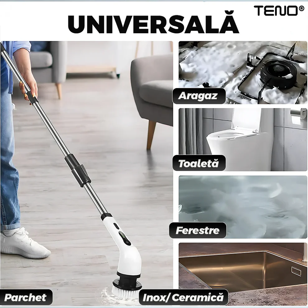 Perie Electrică de Curățare 9 în 1, Afișaj Digital, Mâner Telescopic Reglabil, Capete Interschimbabile, Curățare Multifuncțională pentru Baie și Bucătărie