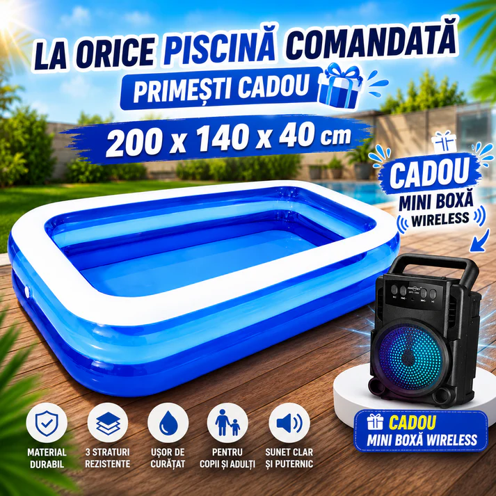 Piscină Gonflabilă 200x140x40 cm, 2 Inele Rezistente, PVC Gros, pentru Copii și Adulți, Mini Boxă Wireless Cadou Inclusă