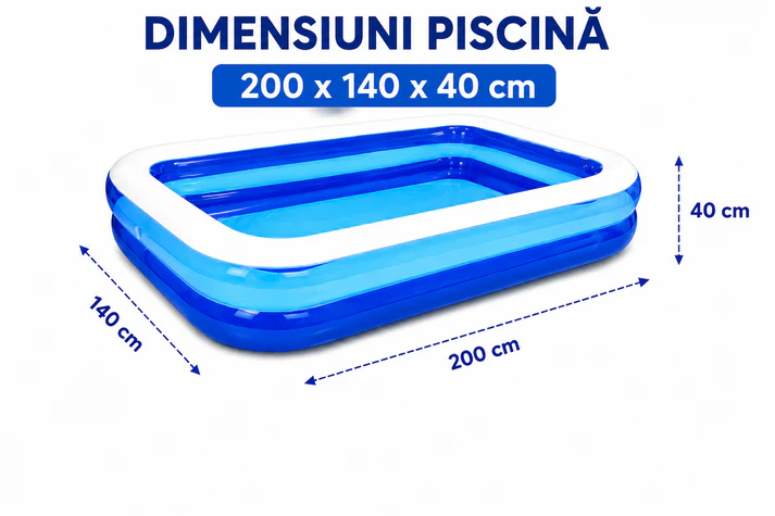 Piscină Gonflabilă 200x140x40 cm, 2 Inele Rezistente, PVC Gros, pentru Copii și Adulți, Mini Boxă Wireless Cadou Inclusă