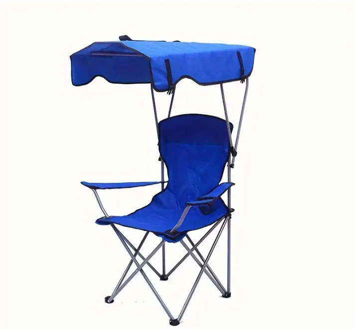 Scaun de Plajă Pliabil cu Copertină, Suport Pahar, Cadru Metalic, pentru Exterior, Camping și Grădină