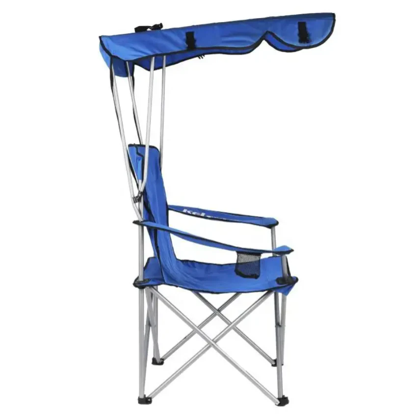 Scaun de Plajă Pliabil cu Copertină, Suport Pahar, Cadru Metalic, pentru Exterior, Camping și Grădină