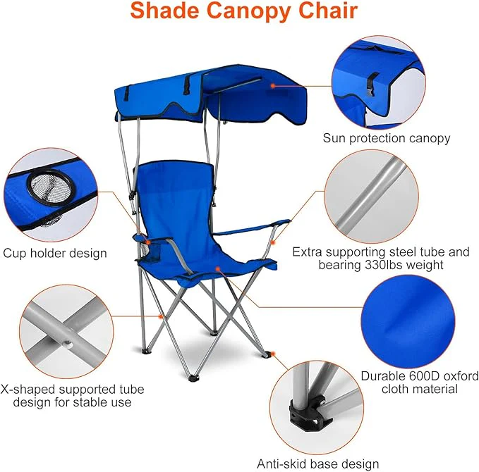 Scaun de Plajă Pliabil cu Copertină, Suport Pahar, Cadru Metalic, pentru Exterior, Camping și Grădină