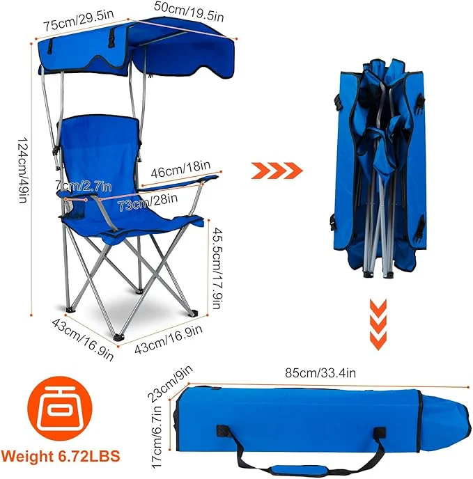 Scaun de Plajă Pliabil cu Copertină, Suport Pahar, Cadru Metalic, pentru Exterior, Camping și Grădină