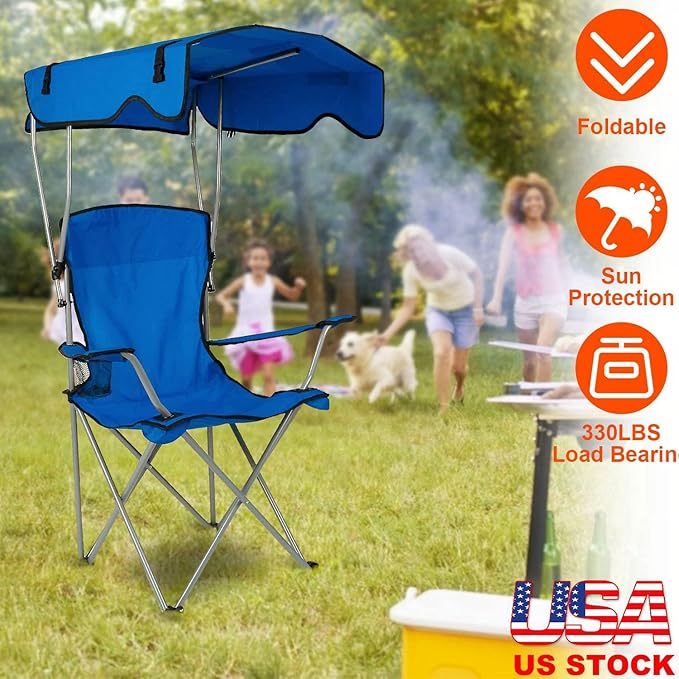 Scaun de Plajă Pliabil cu Copertină, Suport Pahar, Cadru Metalic, pentru Exterior, Camping și Grădină