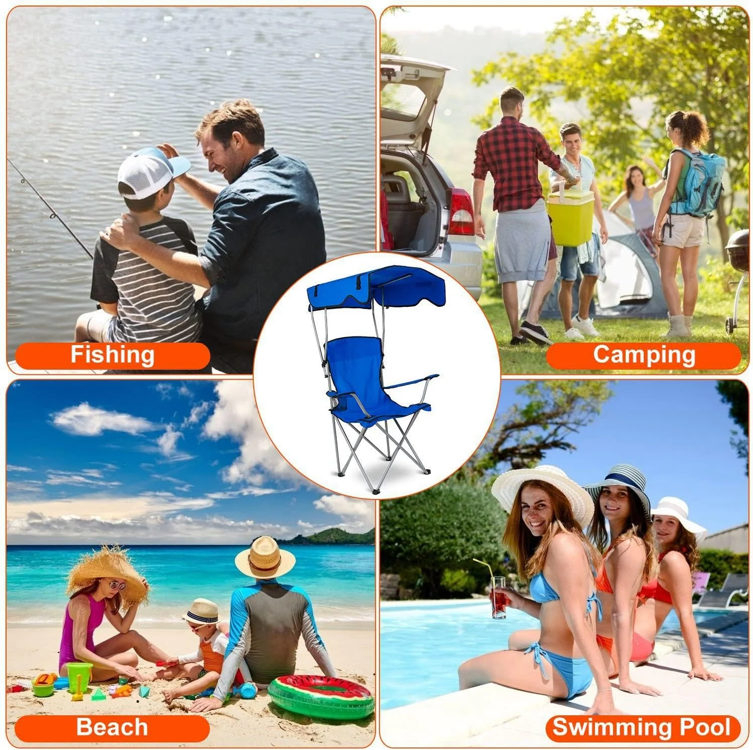 Scaun de Plajă Pliabil cu Copertină, Suport Pahar, Cadru Metalic, pentru Exterior, Camping și Grădină