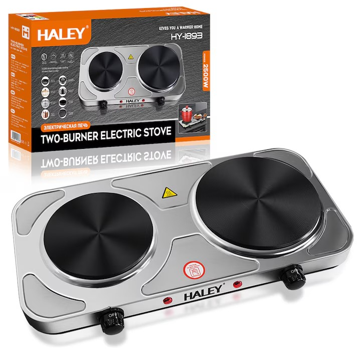 Plita electrica HALEY HY-1893, 2 zone de gatit, 2500W, inox, control temperatura, portabila, Garantie 3 Ani