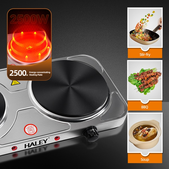 Plita electrica HALEY HY-1893, 2 zone de gatit, 2500W, inox, control temperatura, portabila, Garantie 3 Ani