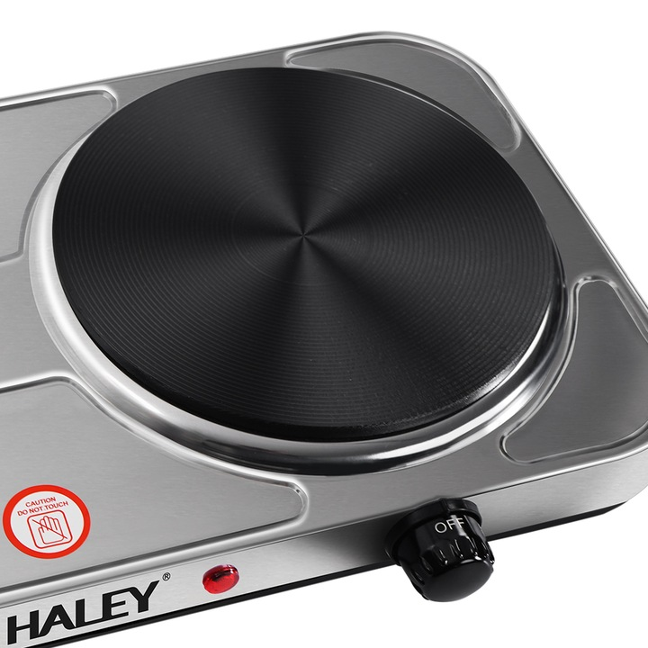 Plita electrica HALEY HY-1893, 2 zone de gatit, 2500W, inox, control temperatura, portabila, Garantie 3 Ani