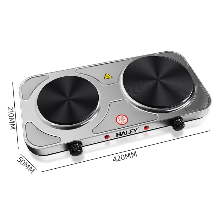 Plita electrica HALEY HY-1893, 2 zone de gatit, 2500W, inox, control temperatura, portabila, Garantie 3 Ani