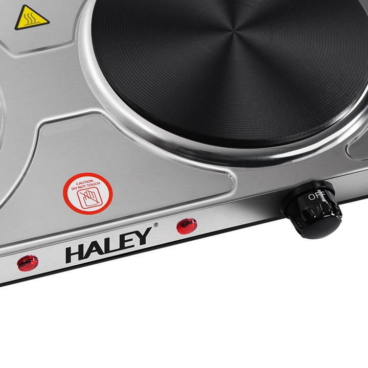 Plita electrica HALEY HY-1893, 2 zone de gatit, 2500W, inox, control temperatura, portabila, Garantie 3 Ani