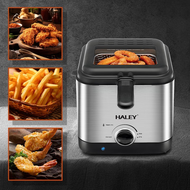Friteuza electrica HALEY HY-2505, 1000W, capacitate 2.5L, control temperatura, inox, design compact, Garantie 3 Ani